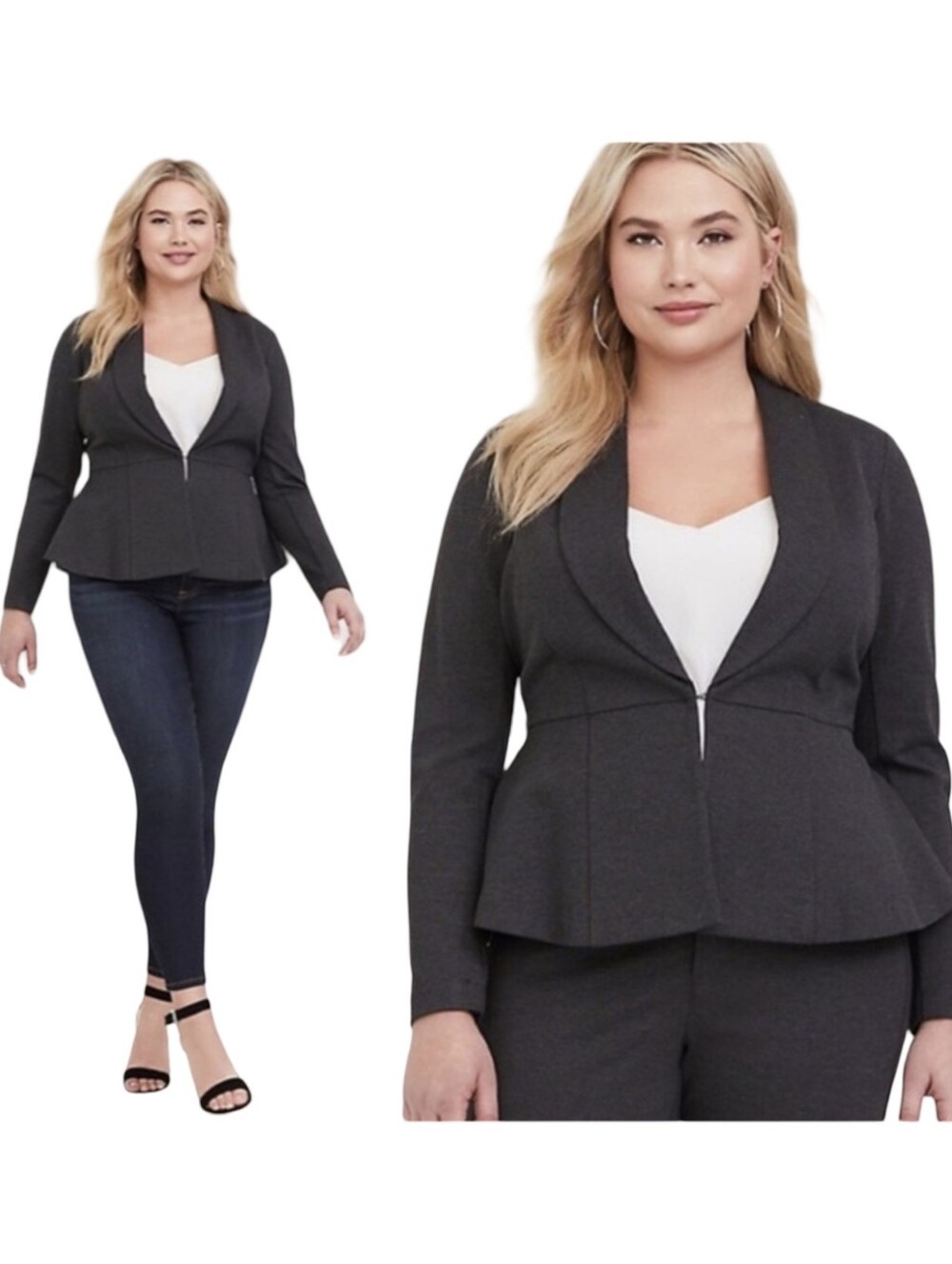 Torrid Studio Charcoal Grey Ponte Peplum Blazer Shawl Collar Jacket Plus Size 1X